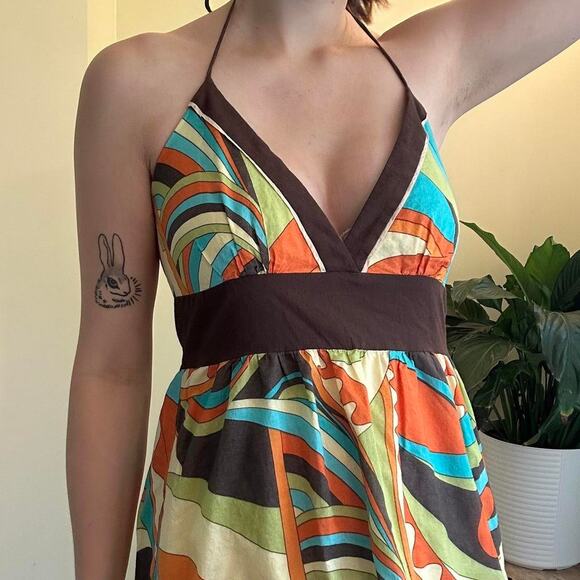 Vintage mod vibrant eyeshadow halter neck dress with pockets size 9 - Picture 2 of 6